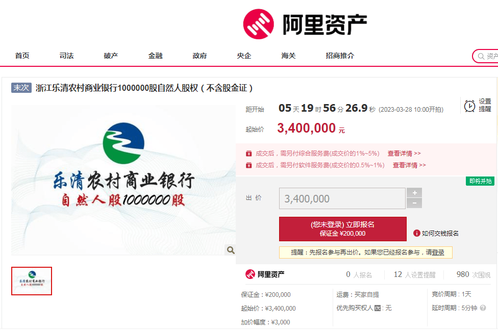 浙江乐清农商行1000000股股权将转让<strong></p>
<p>增股分红账务处理</strong>，以340万元起拍