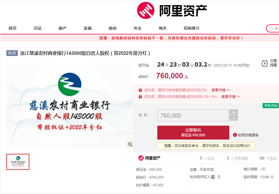 浙江宁波市慈溪农商行143000股股权将拍卖<strong></p>
<p>增股分红账务处理</strong>，以76万元起拍