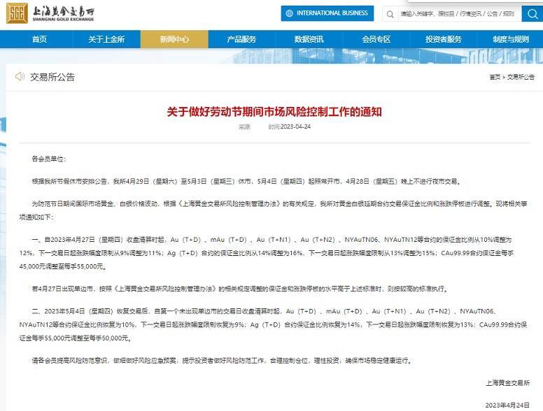 上海黄金交易所最新通知<strong></p>
<p>最新交易所</strong>！劳动节期间调整黄金白银延期合约交易保证金比例和涨跌停板