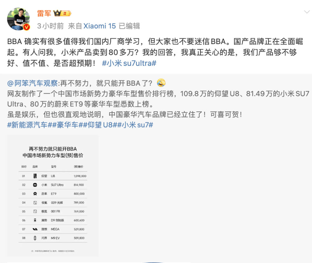 小米汽车卖到80多万<strong></p>
<p>人为软件</strong>，网友称再不努力只能开BBA！雷军：不要迷信BBA