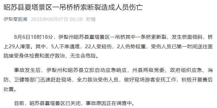 新疆伊犁州昭苏县通报：夏塔景区一吊桥桥索断裂<strong></p>
<p>美原油走势分析</strong>，5人不幸遇难